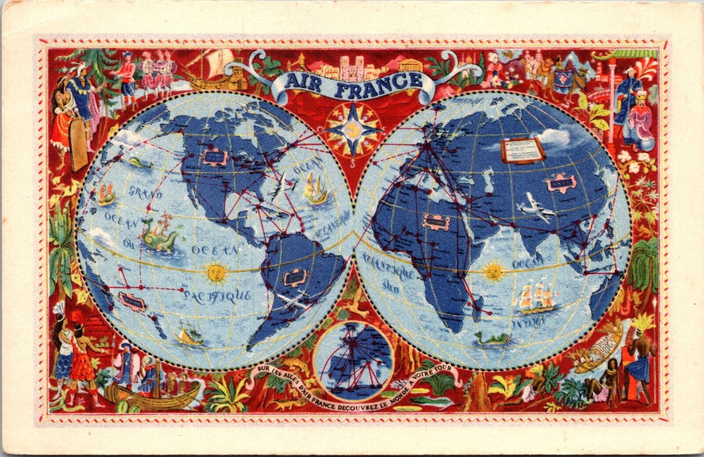 Artwork Postcard Air France Map of the World