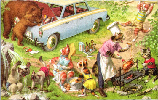 Alfred Mainzer Artwork Postcard Dressed Cats Picnic Park BBQ Bears in Auto Trunk