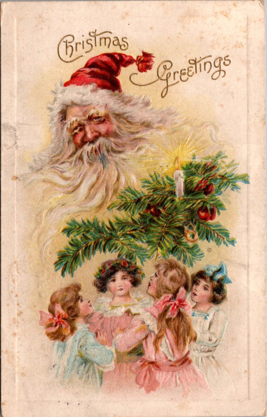 Christmas Postcard Santa Face Floating Over Pine Tree Branch and Children