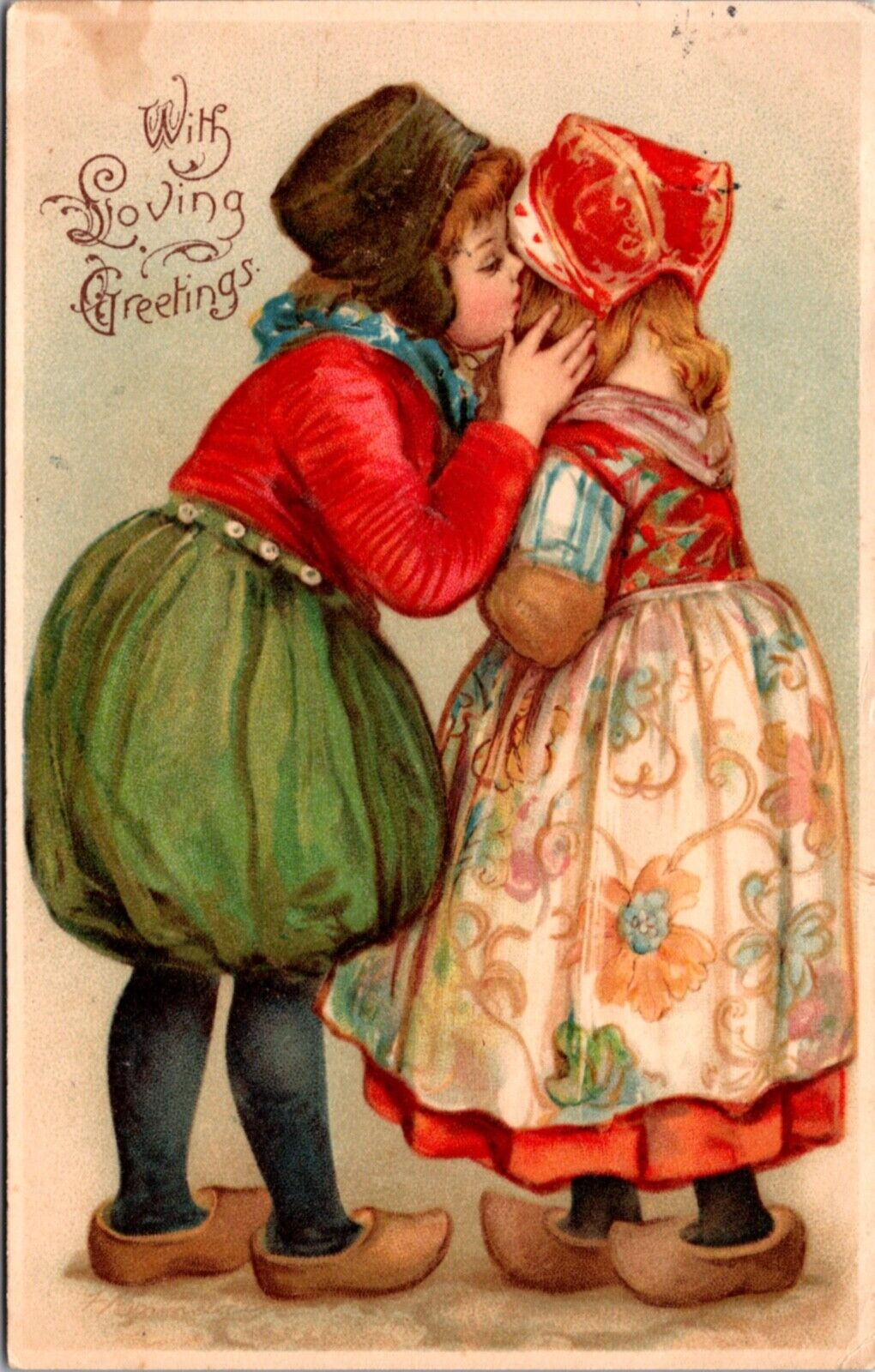 Tuck Valentine Postcard Dutch Boy Leaning In To Kiss a Girls Cheek Wooden Shoes