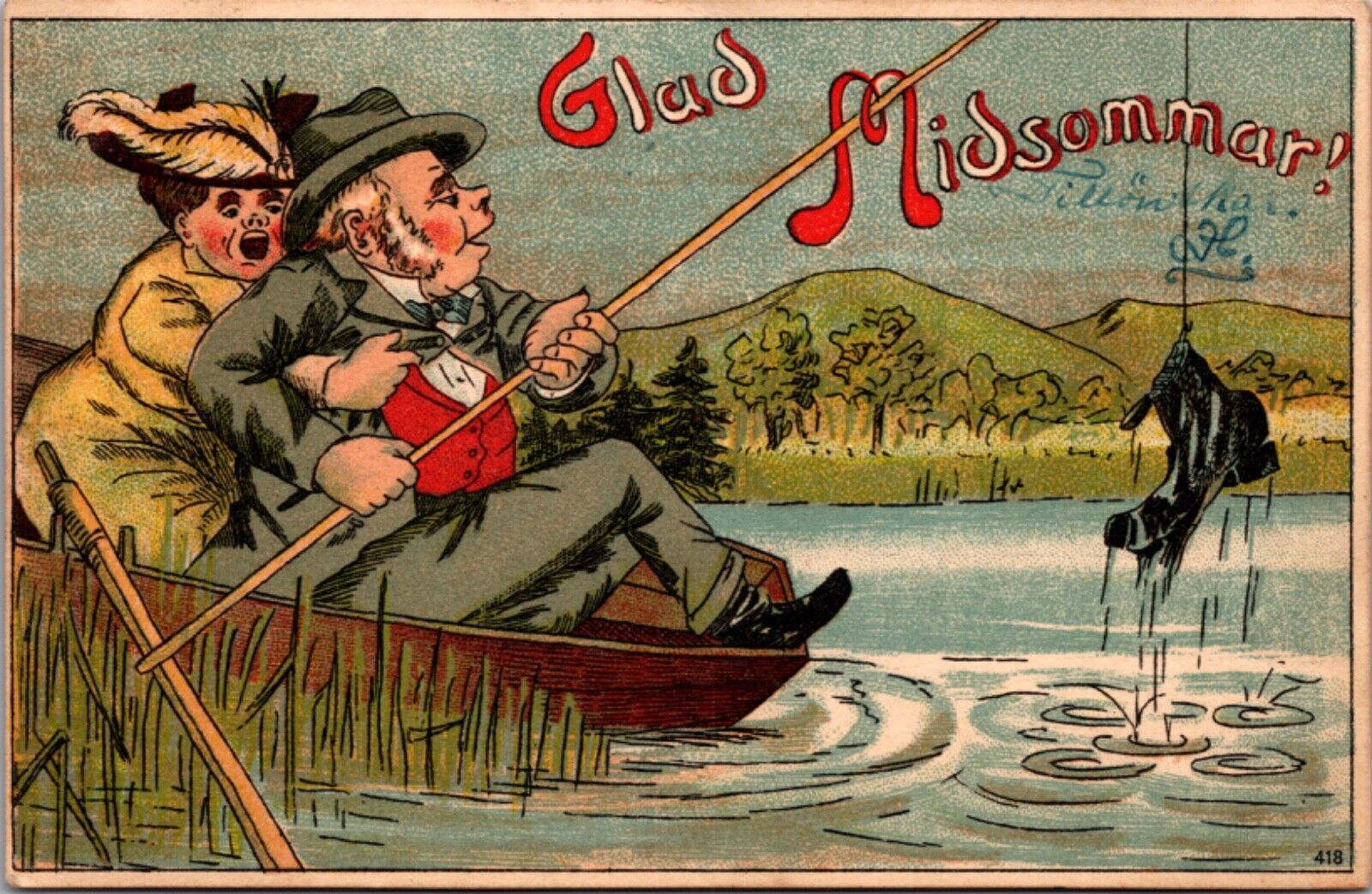 Swedish Comic Postcard Glad Midsommar!  Happy Midsummer Fishing Catches Boot