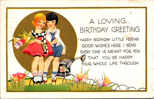 Birthday Postcard Boy and Girl with Watering Can Walking Through Tulips Garden