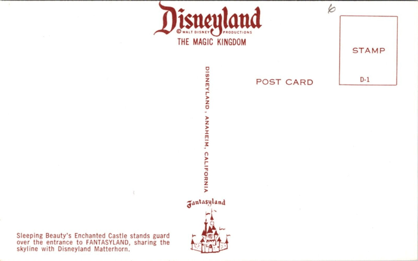 Disneyland Postcard Sleeping Beauty Castle Fantasyland Matterhorn Mountain