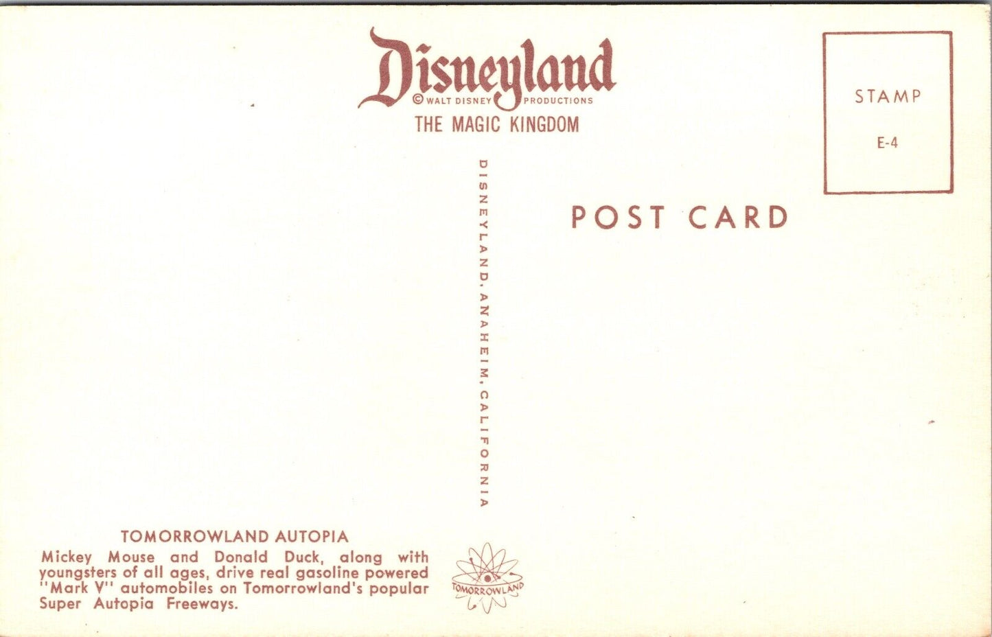 Disneyland Postcard Tomorrowland Autopia Mickey Mouse and Donald Duck Driving