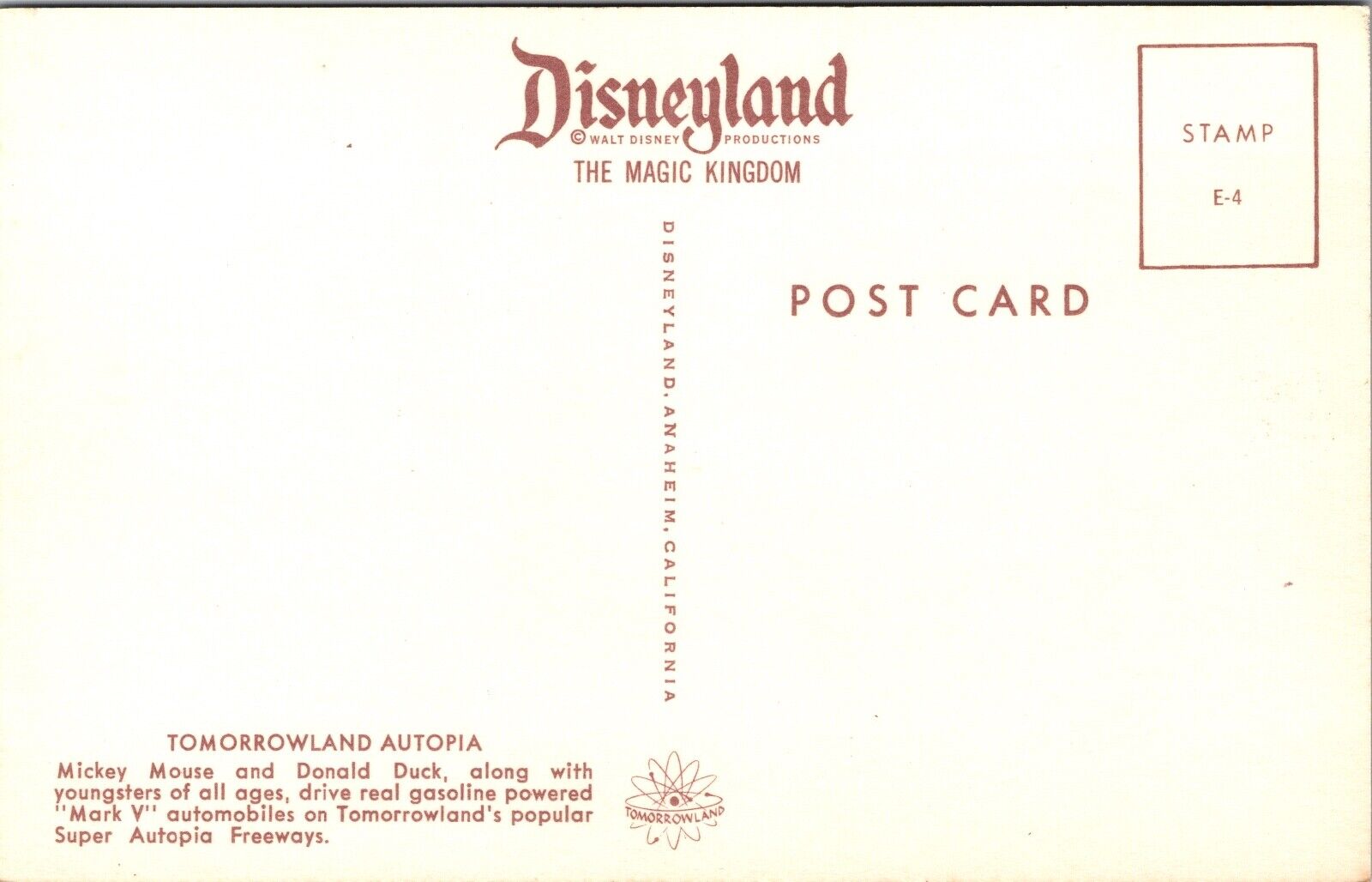 Disneyland Postcard Tomorrowland Autopia Mickey Mouse and Donald Duck Driving