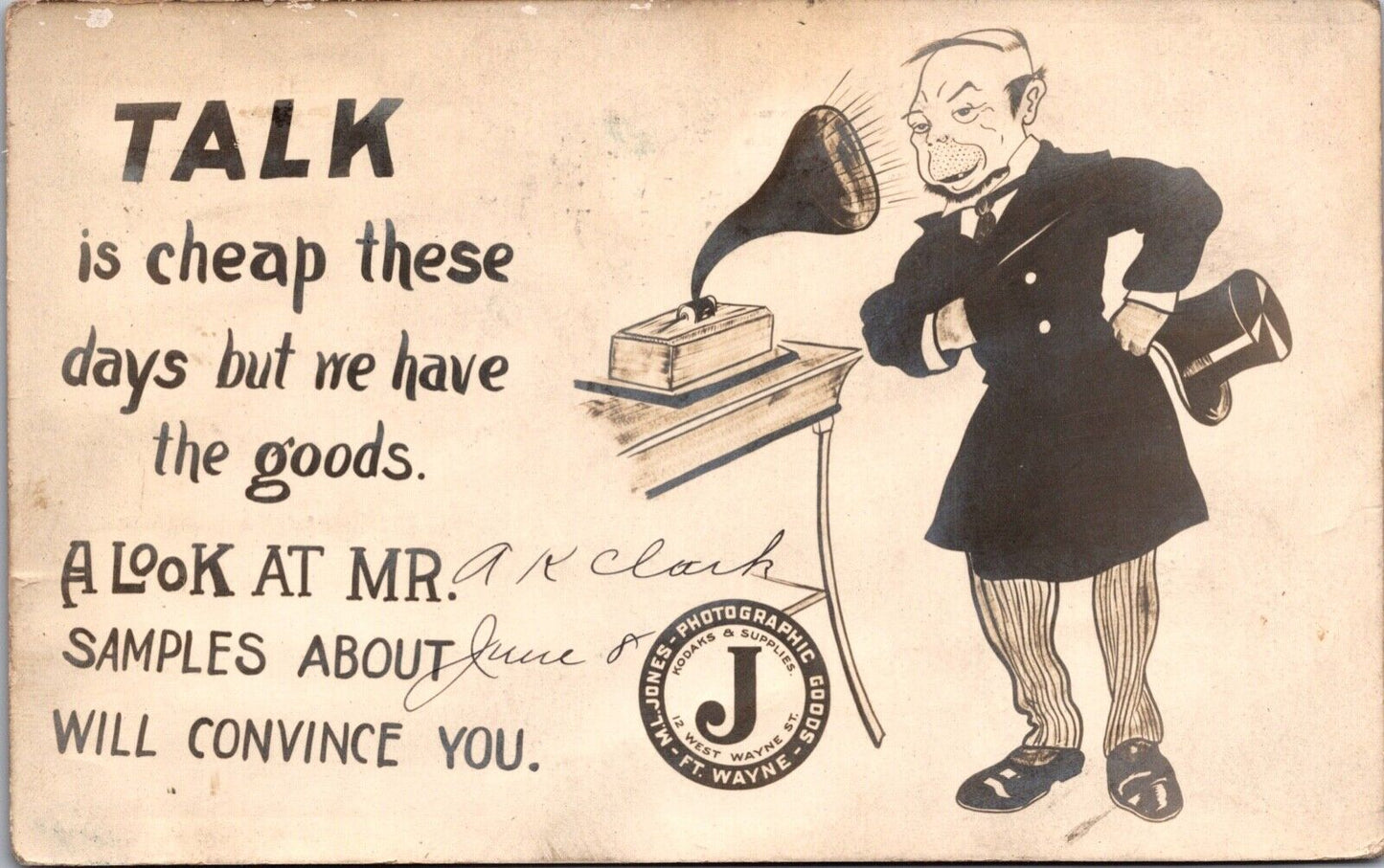 RP Postcard Talk is Cheap M.J. Jones Photographic Goods Ft. Wayne Indiana~135620