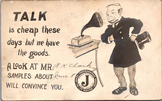 RP Postcard Talk is Cheap M.J. Jones Photographic Goods Ft. Wayne Indiana~135620