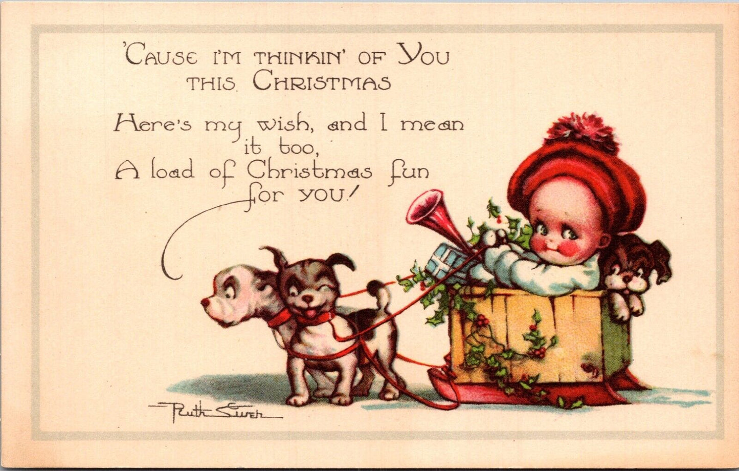 Christmas Artwork Postcard Puppy Dogs Pulling Little Kid in Box on Sled