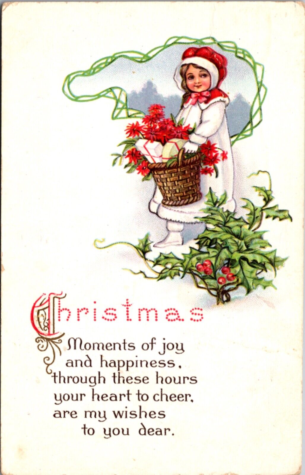 Christmas PC Young Girl Wearing White Coat Carrying Basket Poinsettias & Gifts