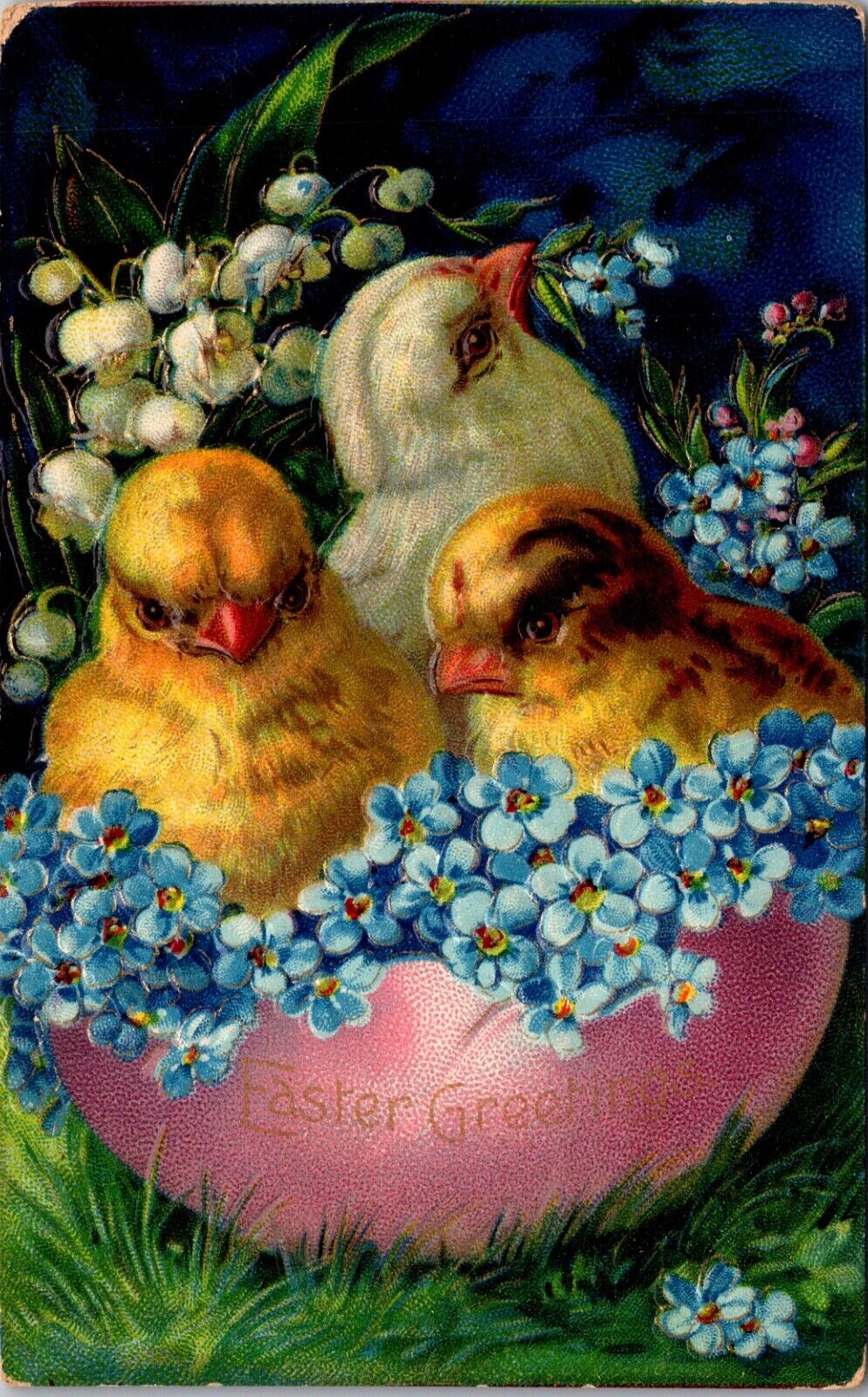 Easter Greetings Postcard Three Chicks and Flowers in Pink Eggshell