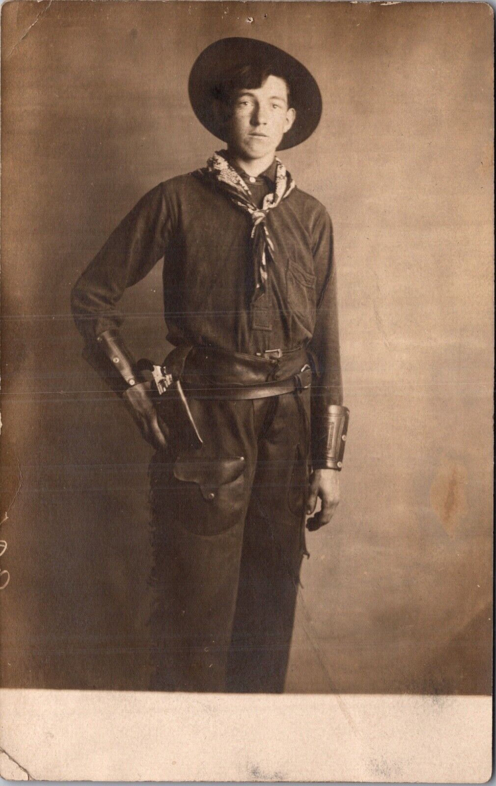 Real Photo Studio Postcard Young Man Gun Holster Shooter Quickdraw Sharpshooter