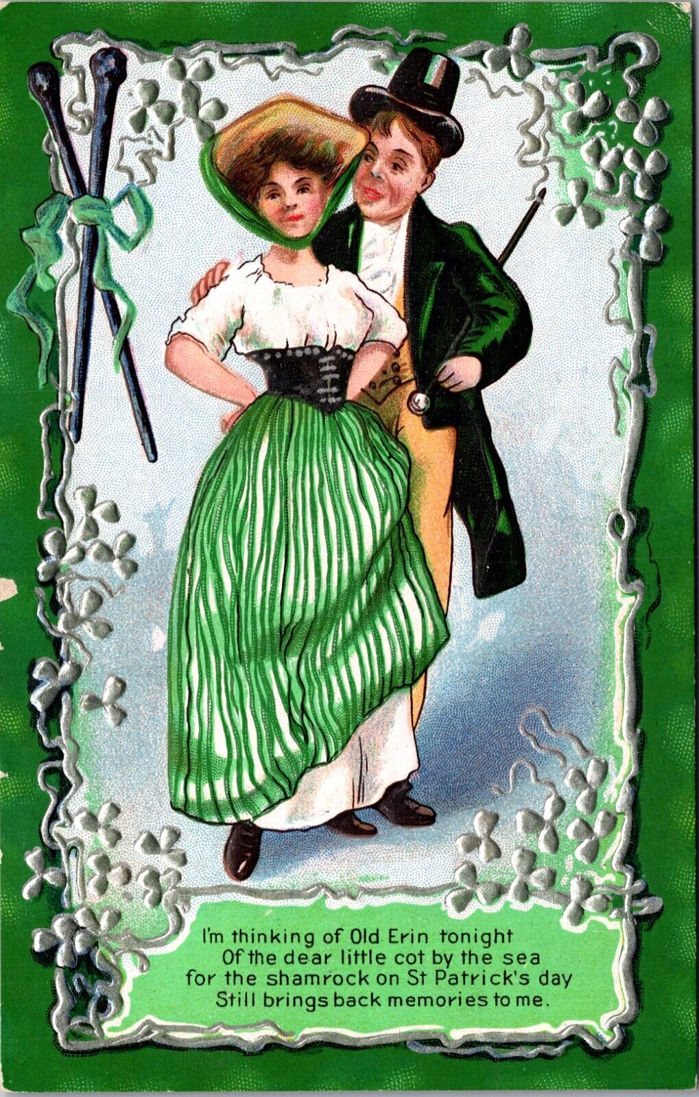 St. Patrick's Day Postcard Old Erin Shamrock Man and Woman