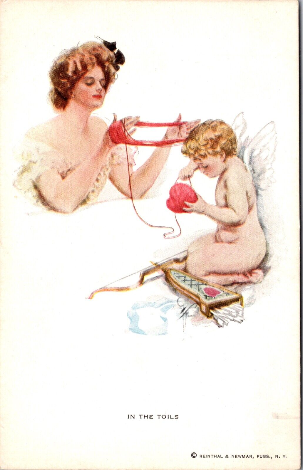 Valentine Postcard In the Toils Woman and Cherub Cupid Making Yarn Heart