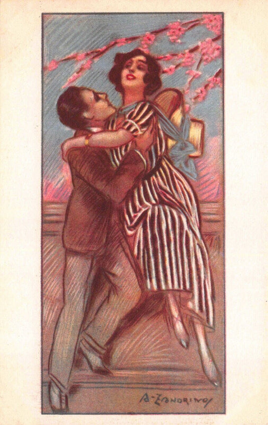 Adelina Zandrino Postcard Lovers Couple Man Woman In Love Pink Flowers~123141