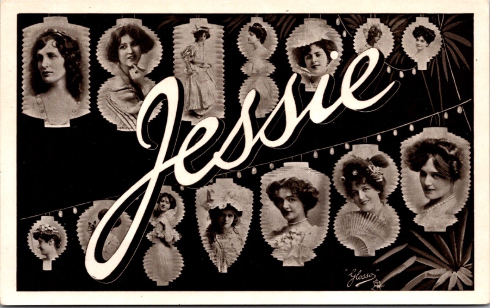 RPPC Large Letter Greetings of the Name Jessie Women's Faces Chinese Lanterns