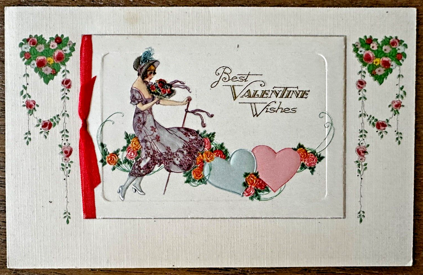 Booklet Fold-Out Postcard Best Valentine Wishes Woman Heart Flowers Poem