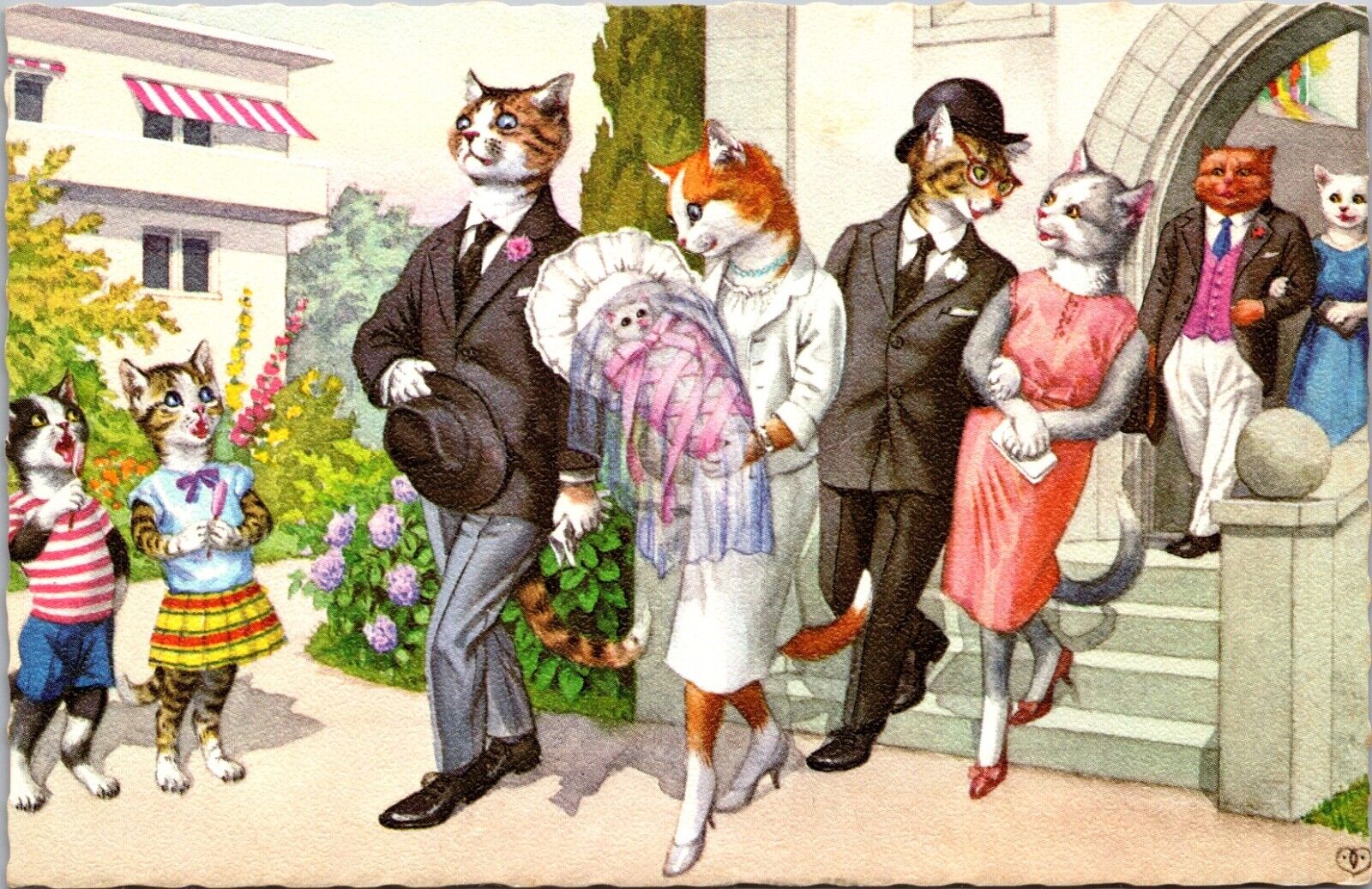 Alfred Mainzer Postcard Dressed Cats Leaving Church Baby Kitten Christening