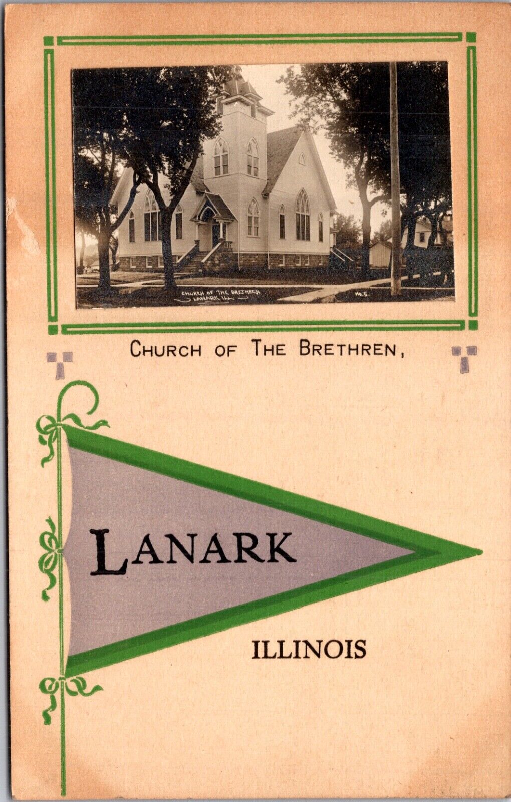 CR Childs Real Photo PC Church of the Brethren in Lanark, Illinois Pennant Flag