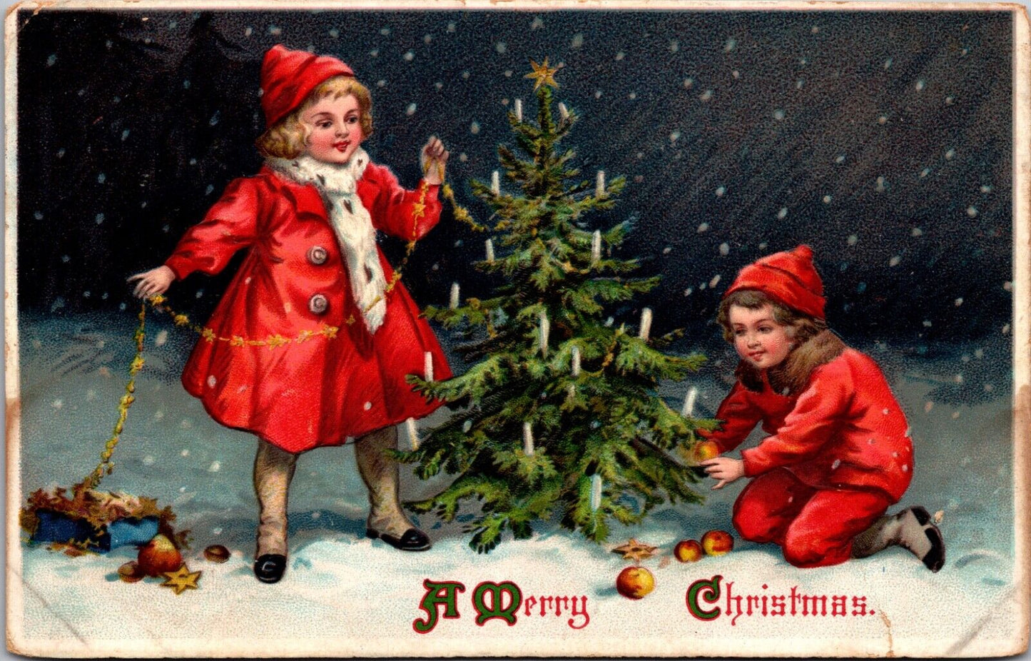 Christmas Postcard Children Decorating a Candlelit Tree in the Snow