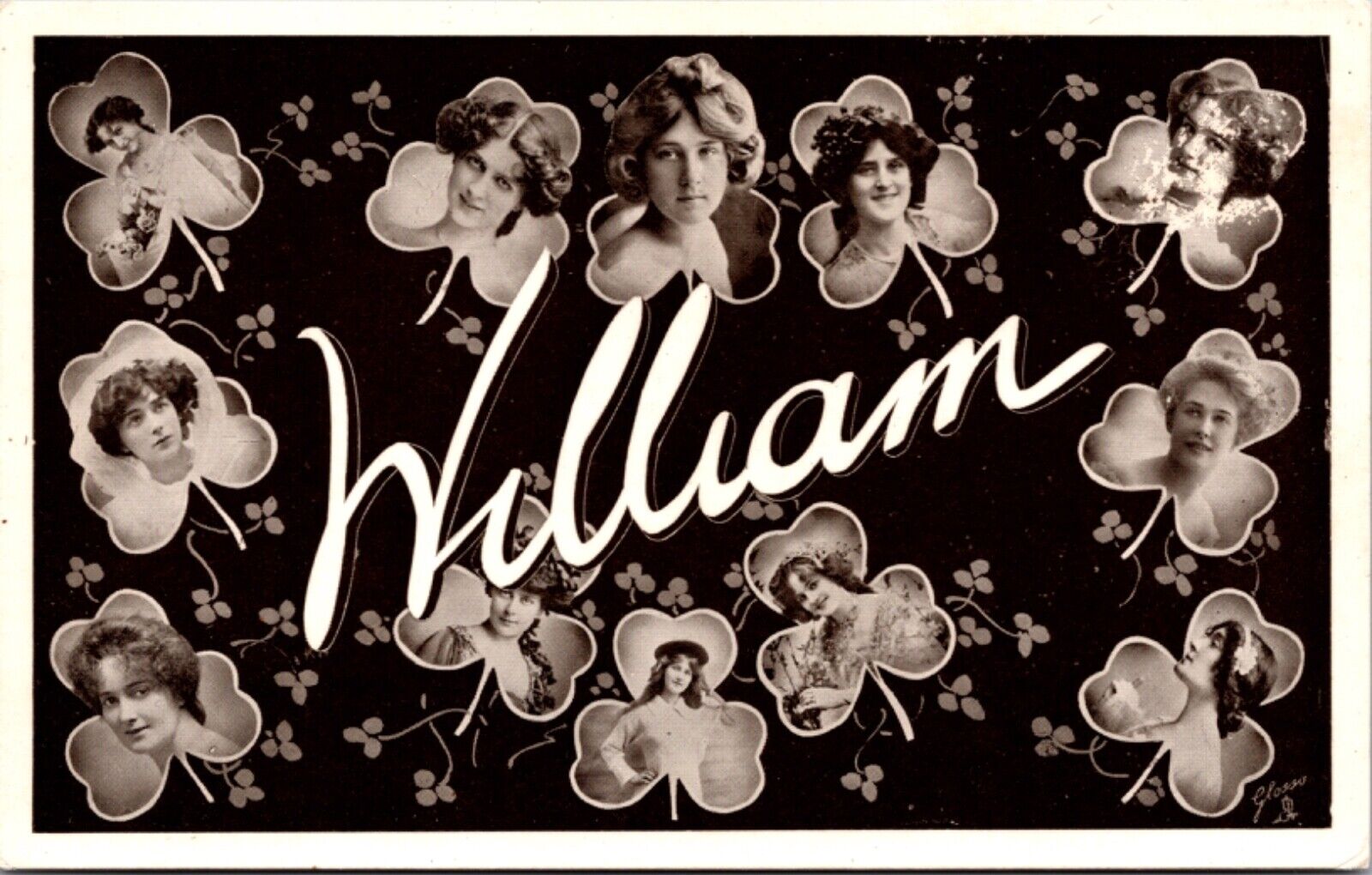 RPPC Large Letter Greetings of the Name William Women's Faces Clover Shamrocks