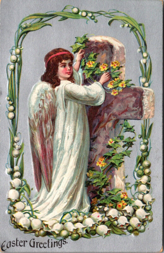 Easter Postcard Young Girl Angel Placing Flower Vines Around Cross