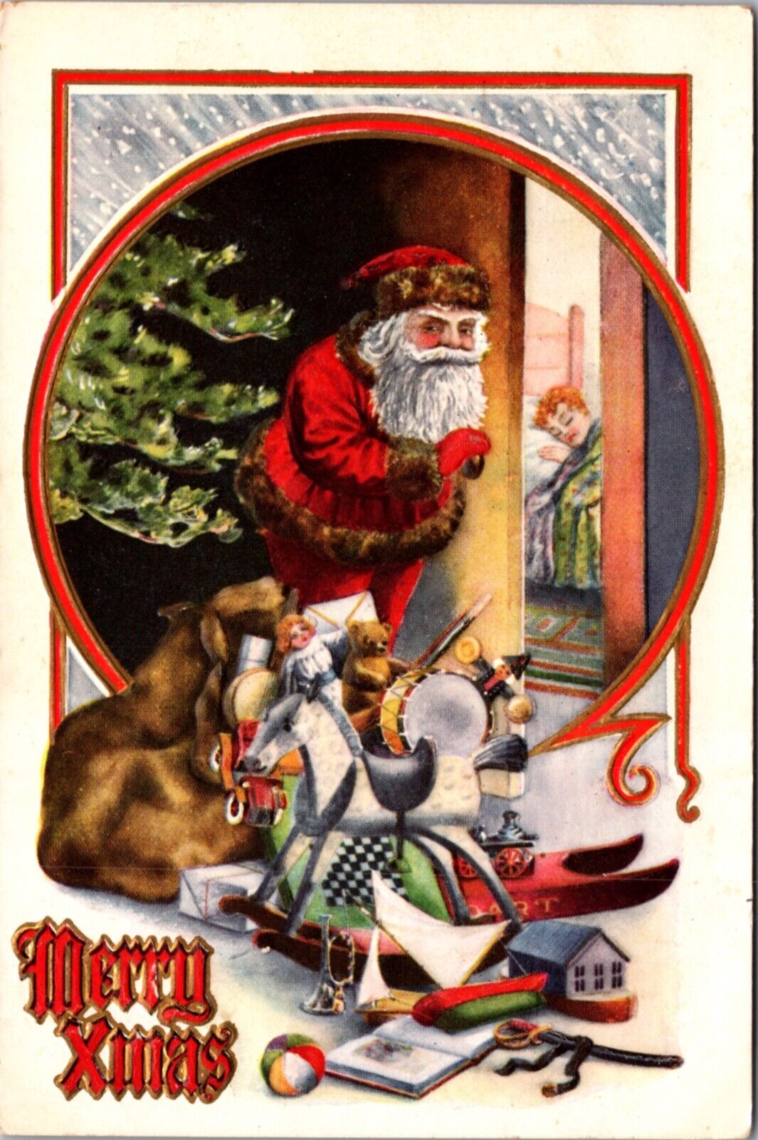 Christmas Postcard Santa Claus Watching Sleeping Child Toys Drum Doll Horse Boat