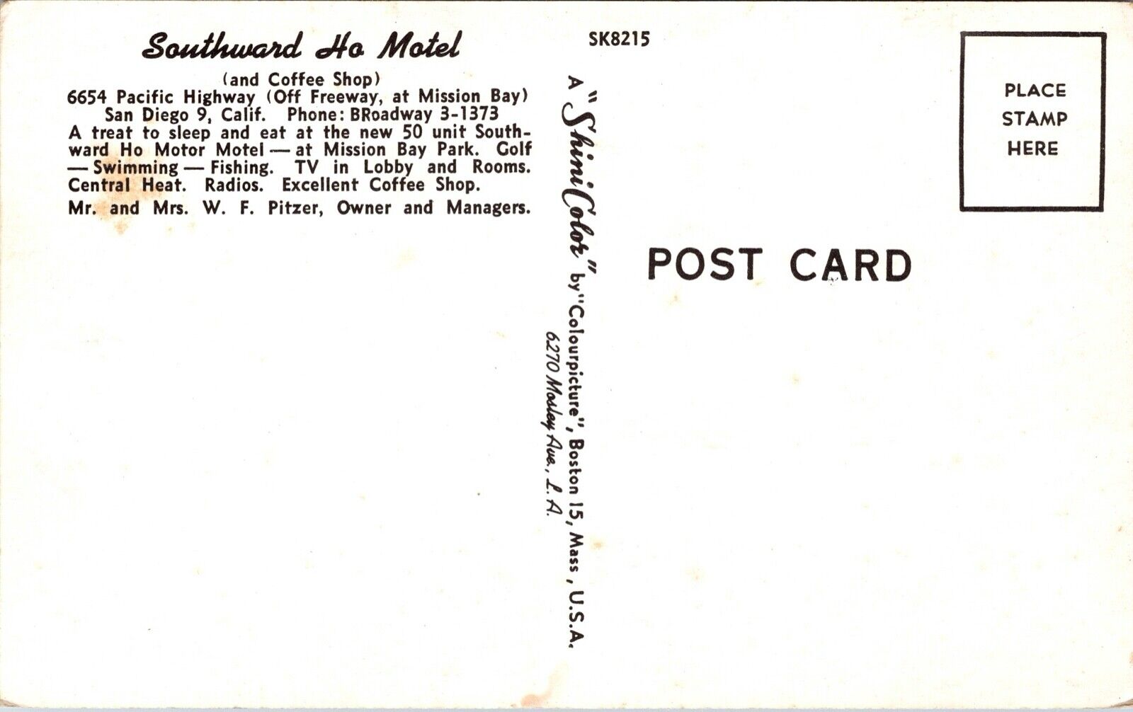 Two Postcards Motel Southward Ho in San Diego, California~133072