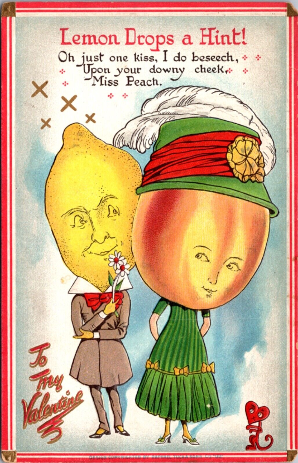 Valentine's Day Postcard Lemon Headed Man Drops a Hint Peach Headed Woman