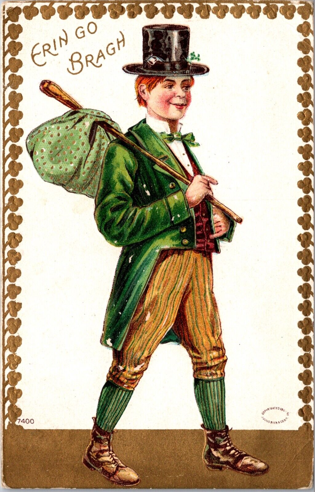 St. Patrick's Day Postcard Shamrock Erin Go Bragh Irish Man Walking