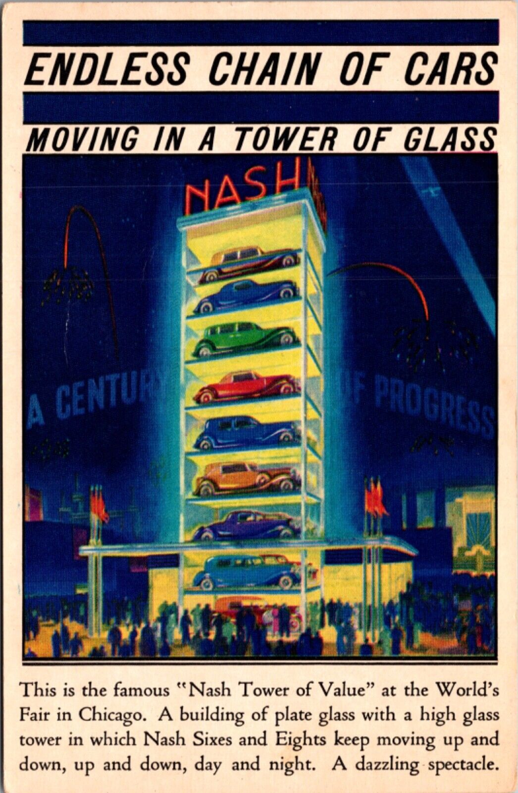 Advertising PC Nash Automobile Tower of Value World's Fair in Chicago, Illinois