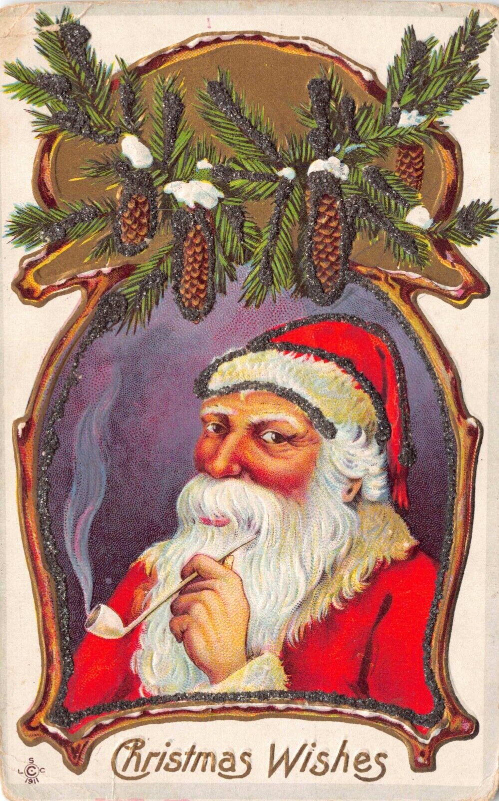 Christmas Glitter Postcard Santa Claus Smoking a Pipe, Pine Tree Branch~125554