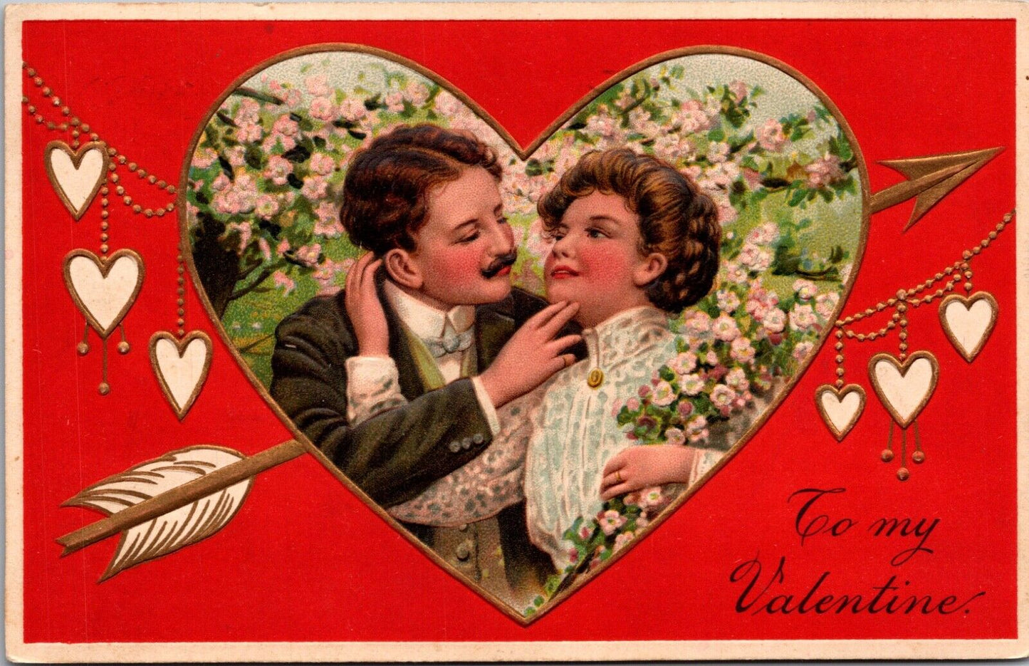 Valentine Postcard Man and Woman Embracing Inside Heart Gold Arrow