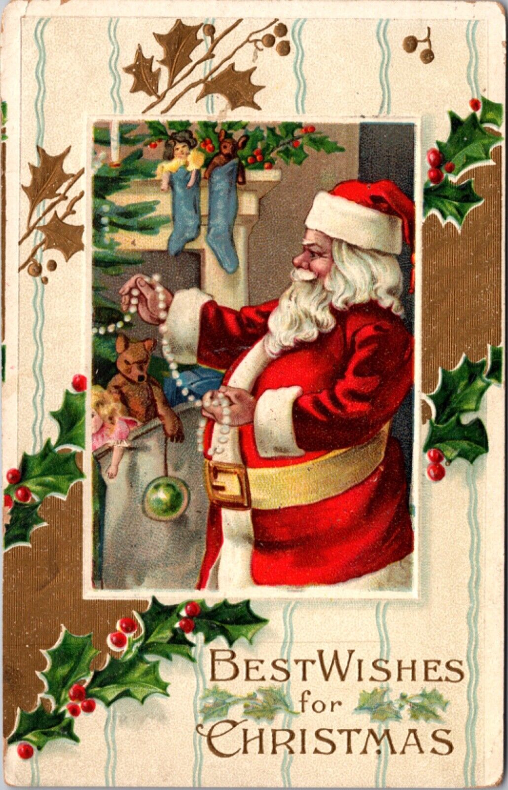 Christmas Postcard Santa Claus Decorating Tree, Stuffing Stockings, Bag of Toys