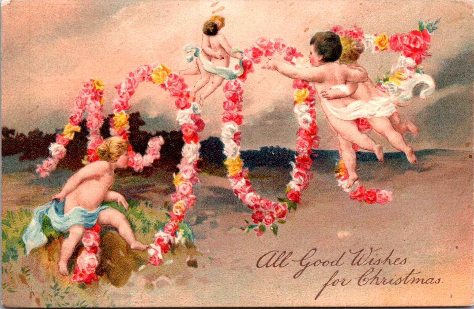 1907 All Good Wishes For Christmas Postcard Cupid Cherub Angels Flying Roses