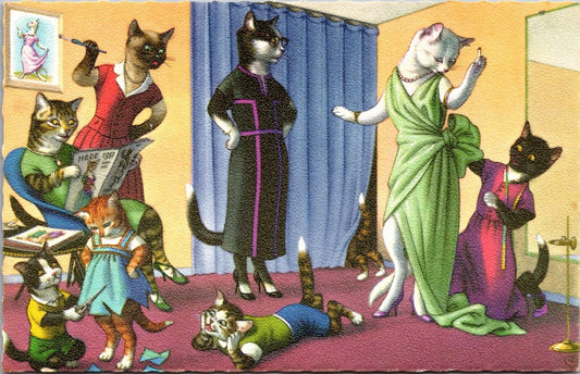 Alfred Mainzer Postcard Dressed Cats Trying on Dress Alterations Seamstress