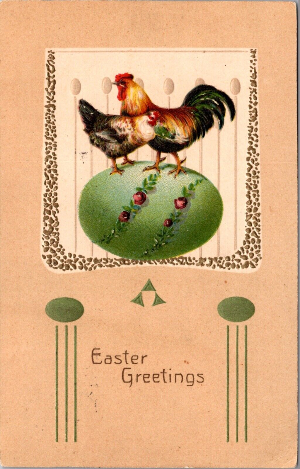 Six Embossed Easter Postcards Chicken and Roosters Standing on Colored Eggs