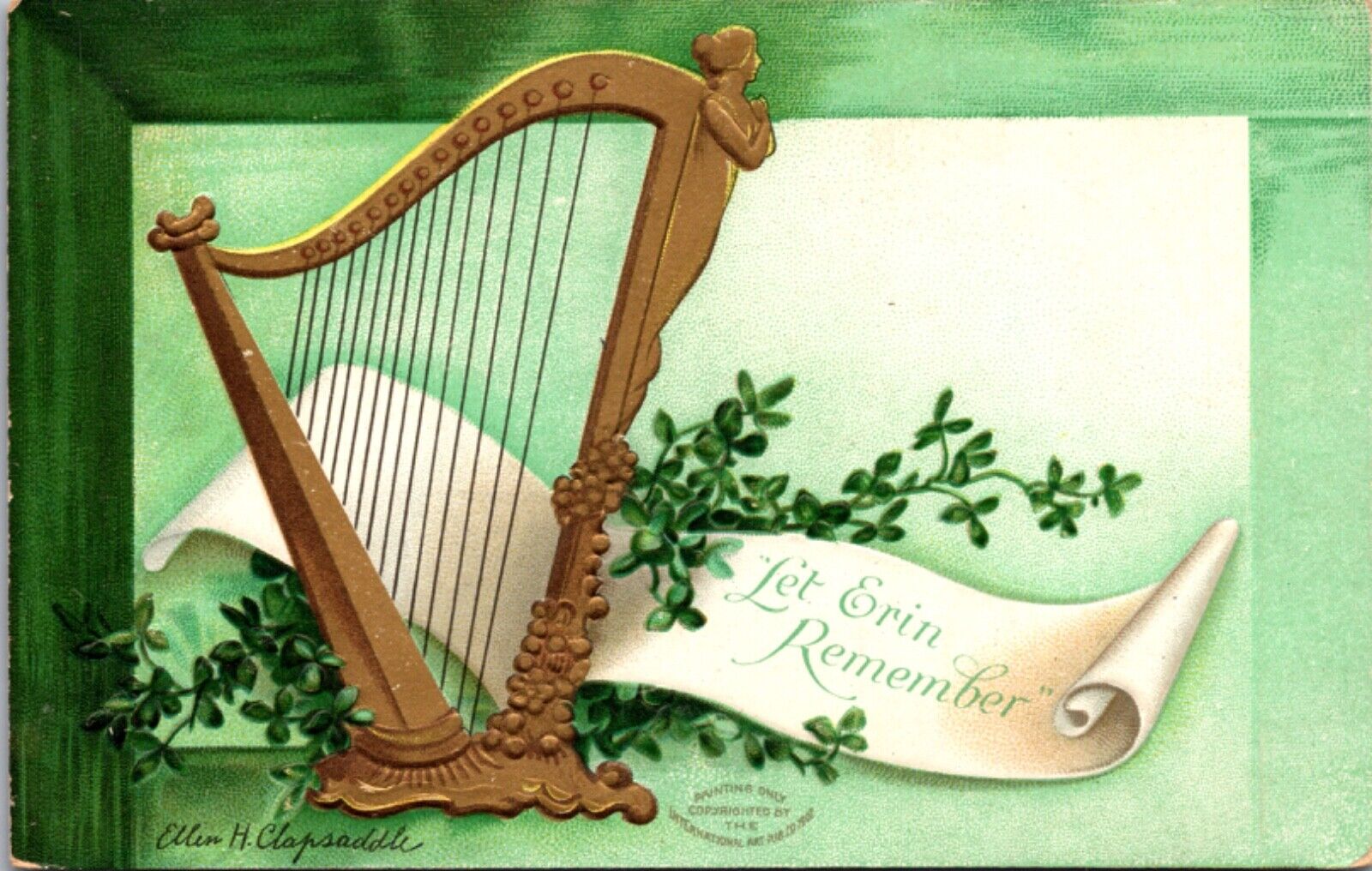 St. Patrick's Day Postcard Celtic Harp, Clovers Let Erin Remember