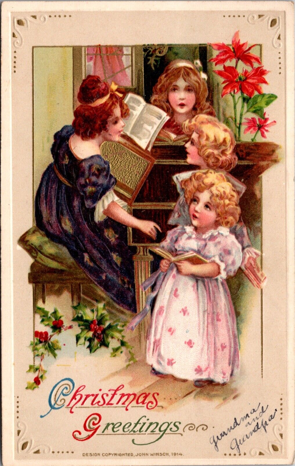 Christmas Greetings Postcard Little Girls Singing While Mom Plays the Piano