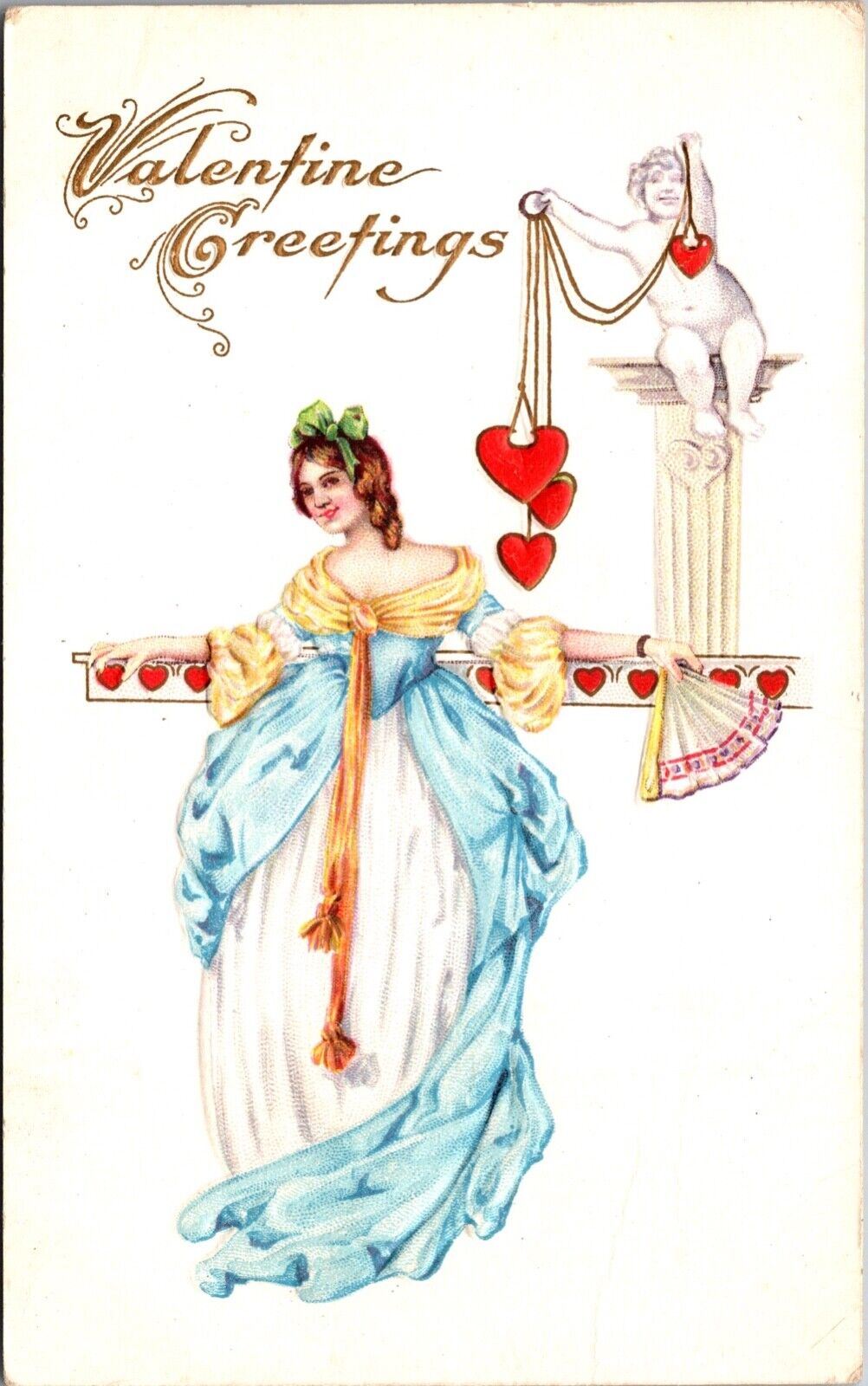 Valentine Postcard Woman Hand Fan Cherub Holding Hearts on a String~735