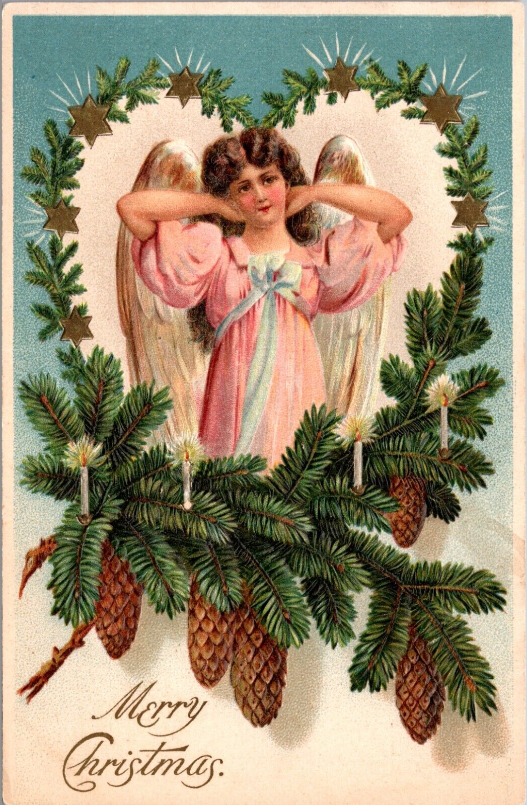 Christmas Postcard Angel Girl in Pine Tree Branch Heart Gold Stars Candles