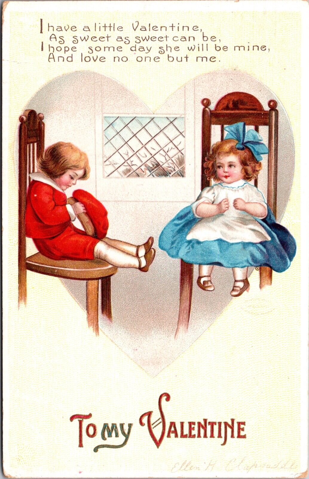 Signed Clapsaddle Valentine Postcard Boy and Girl Sitting in Chairs, Hearts