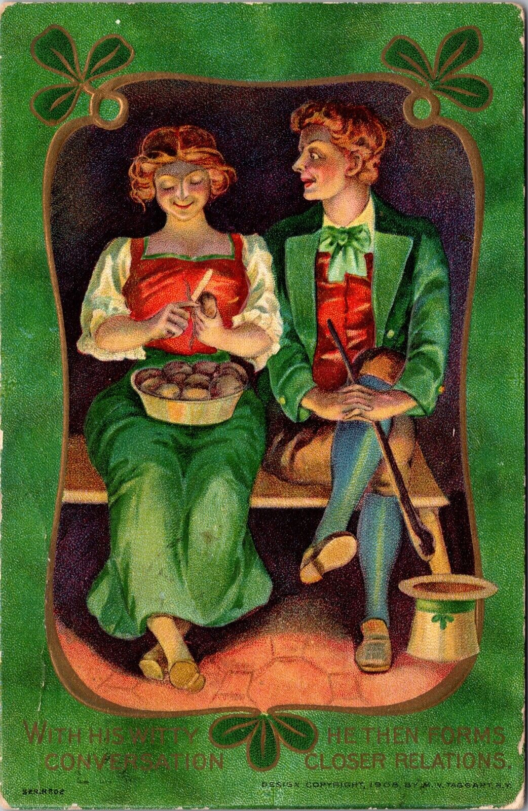 St. Patrick's Day Postcard Man Watching Woman Peel Potatoes