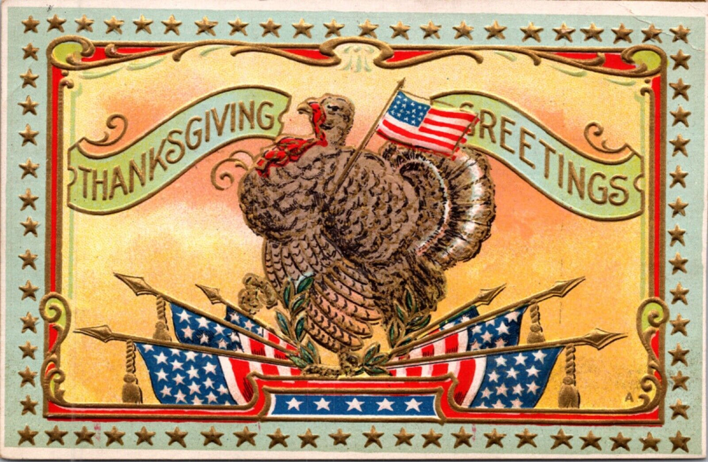 Thanksgiving Postcard Patriotic Turkey with American Flags