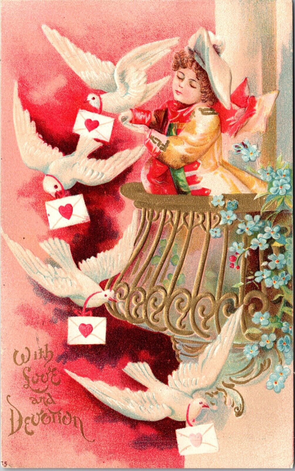 With Love and Devotion Valentine Postcard Girl Giving Letters to White Doves