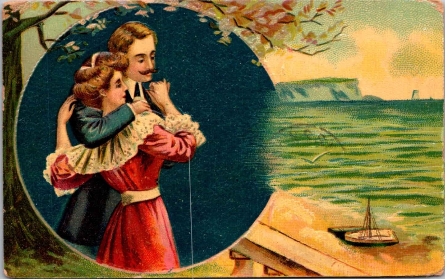 Artwork Postcard Couple Man Woman Hugging in Embrace Ocean Scene