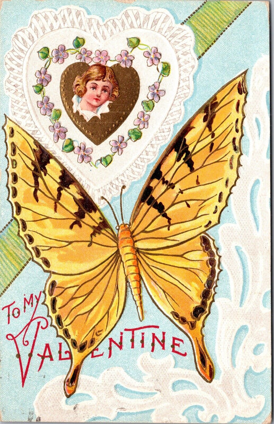 Valentine Postcard Yellow Butterfly and Childs Face Inside Gold Heart Flowers