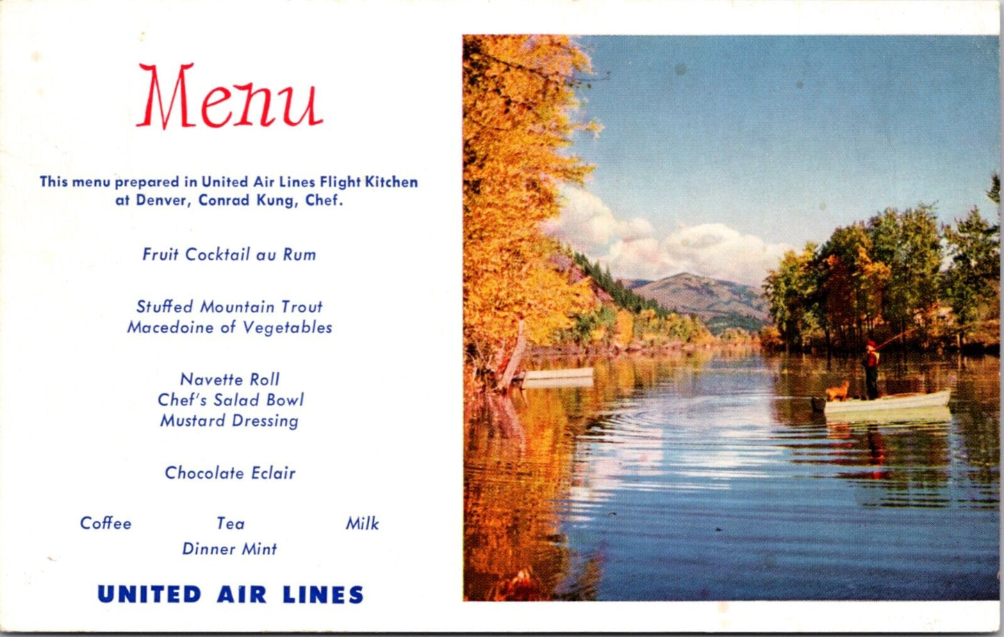 Advertising Postcard United Air Lines Menu Fisherman in Idaho Kitchen Denver CO