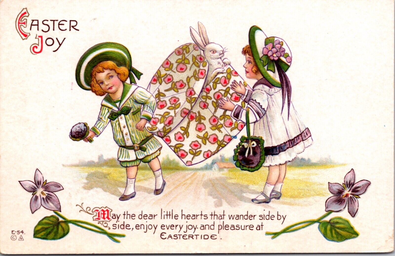 Easter Postcard Boy and Girl Carrying Giant Hat Box with Bunny Rabbit Inside