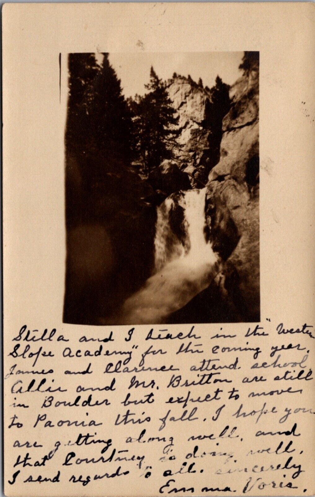 Real Photo Postcard Waterfall Mountains Forest in/near Palisade, Colorado