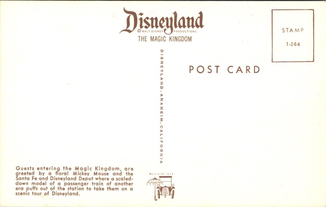 Disneyland Postcard Passenger Train Depot Floral Mickey Mouse Entrance Main St